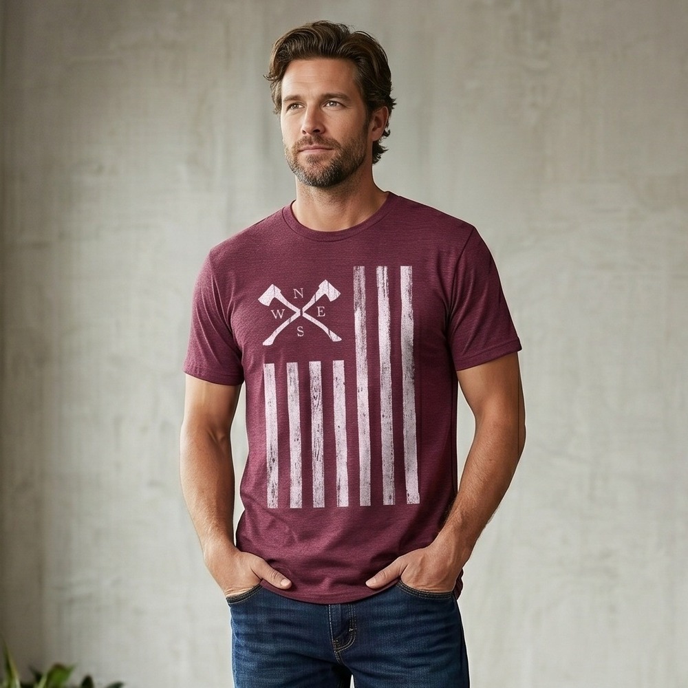 Old Navy Mens Medium Burgundy T Shirt Graphic Compass Axes Flag Soft Heathered